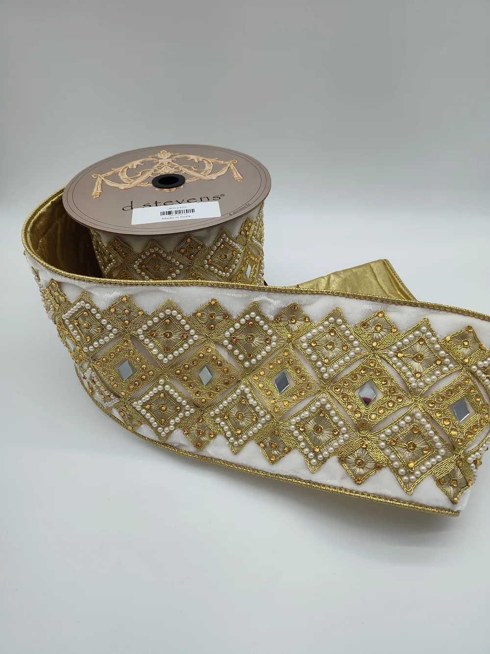 D. STEVENS Padded Jeweled Mirror Pearl Velvet Ribbon Gold Ivory 5 Yards NWT